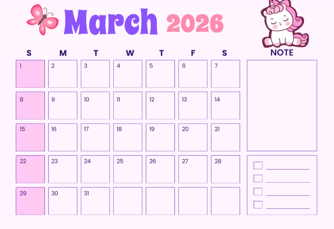 cute March 2026 calendar printable