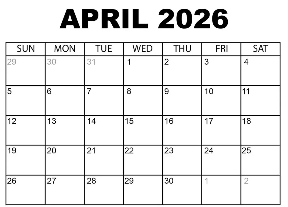 empty april 2026 planner template