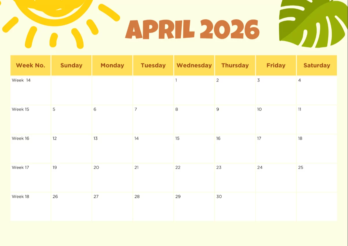 free April calendar 2026 to print