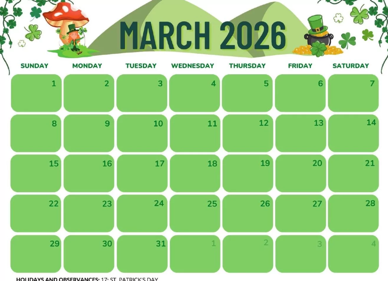 free printable March 2026 calendar