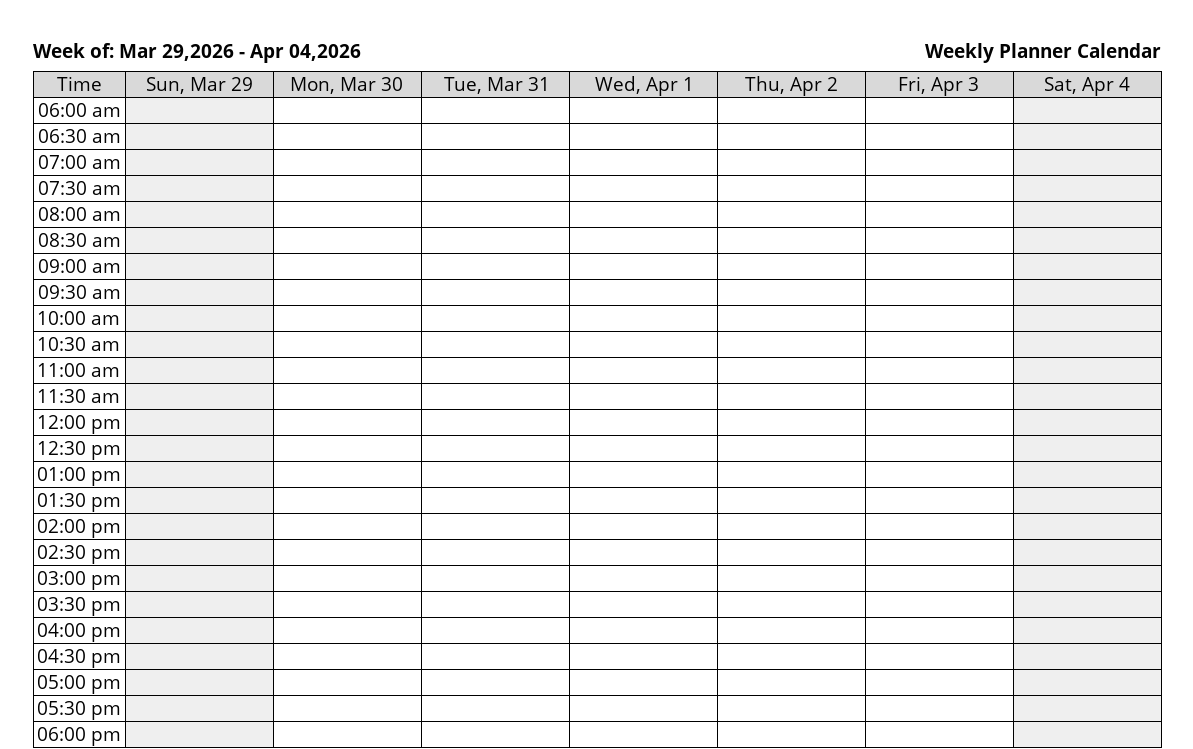 organized schedule printable april 2026 weekly calendar view