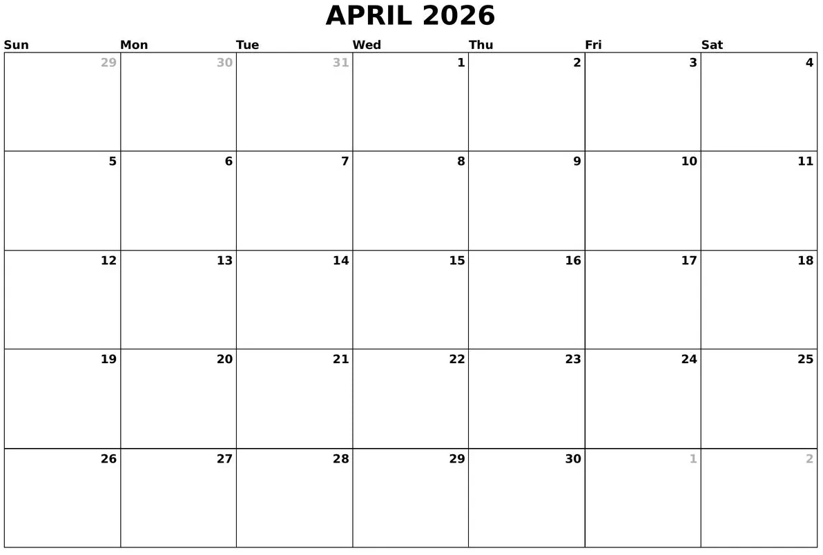 plain text calendar April 2026