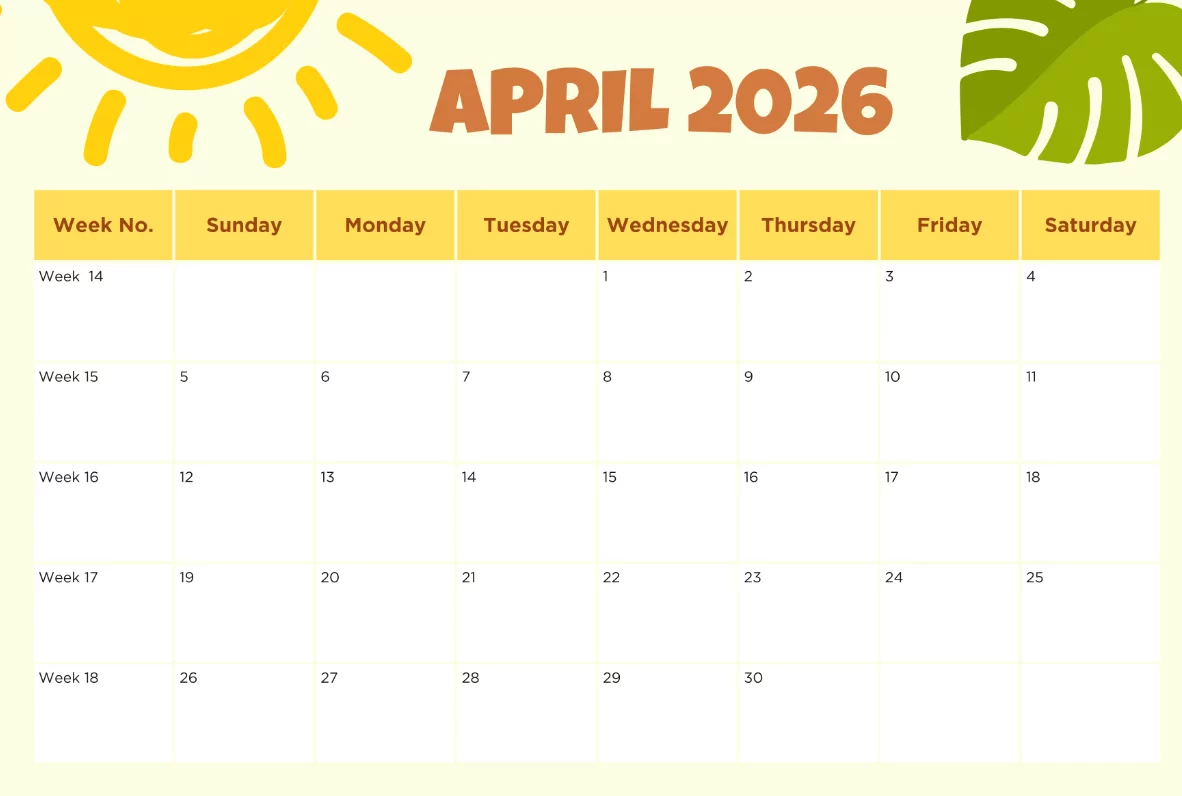 printable april 2026 weekly calendar clean layout template