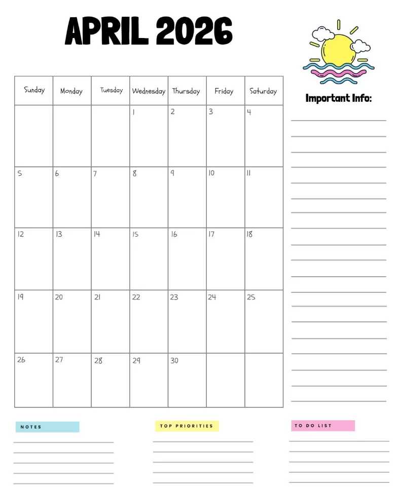 printable monthly planner April 2026