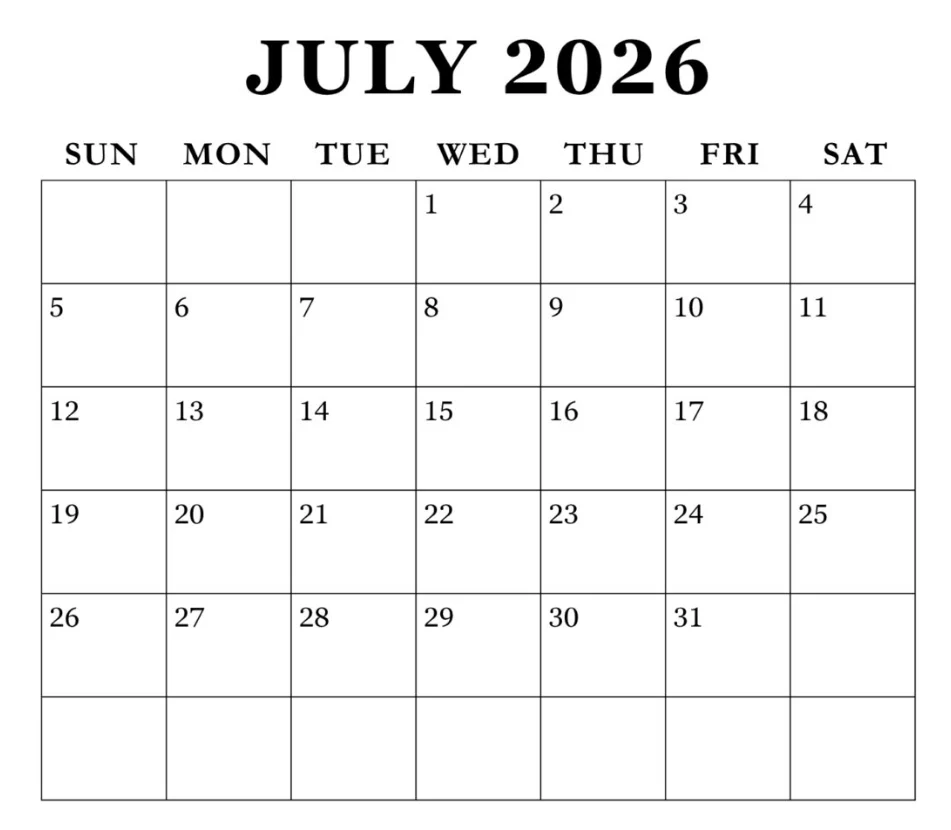 Free printable July 2026 calendar for work and home organization