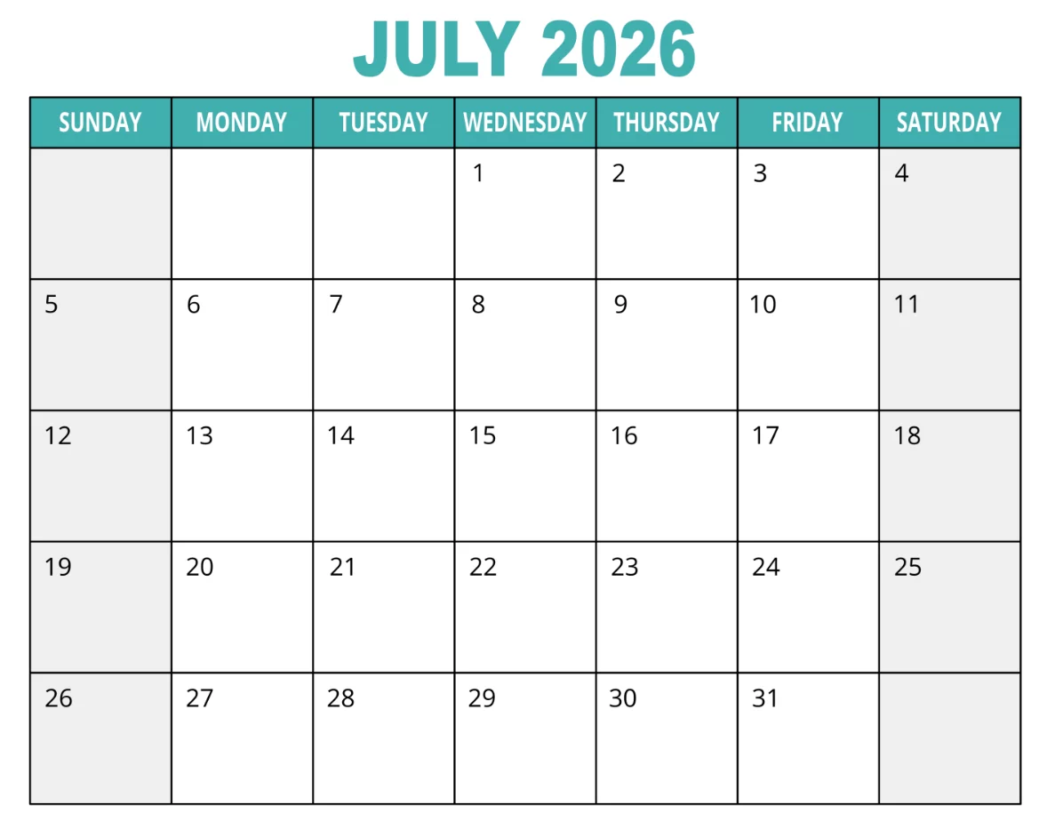 July 2026 calendar printable template for monthly planning