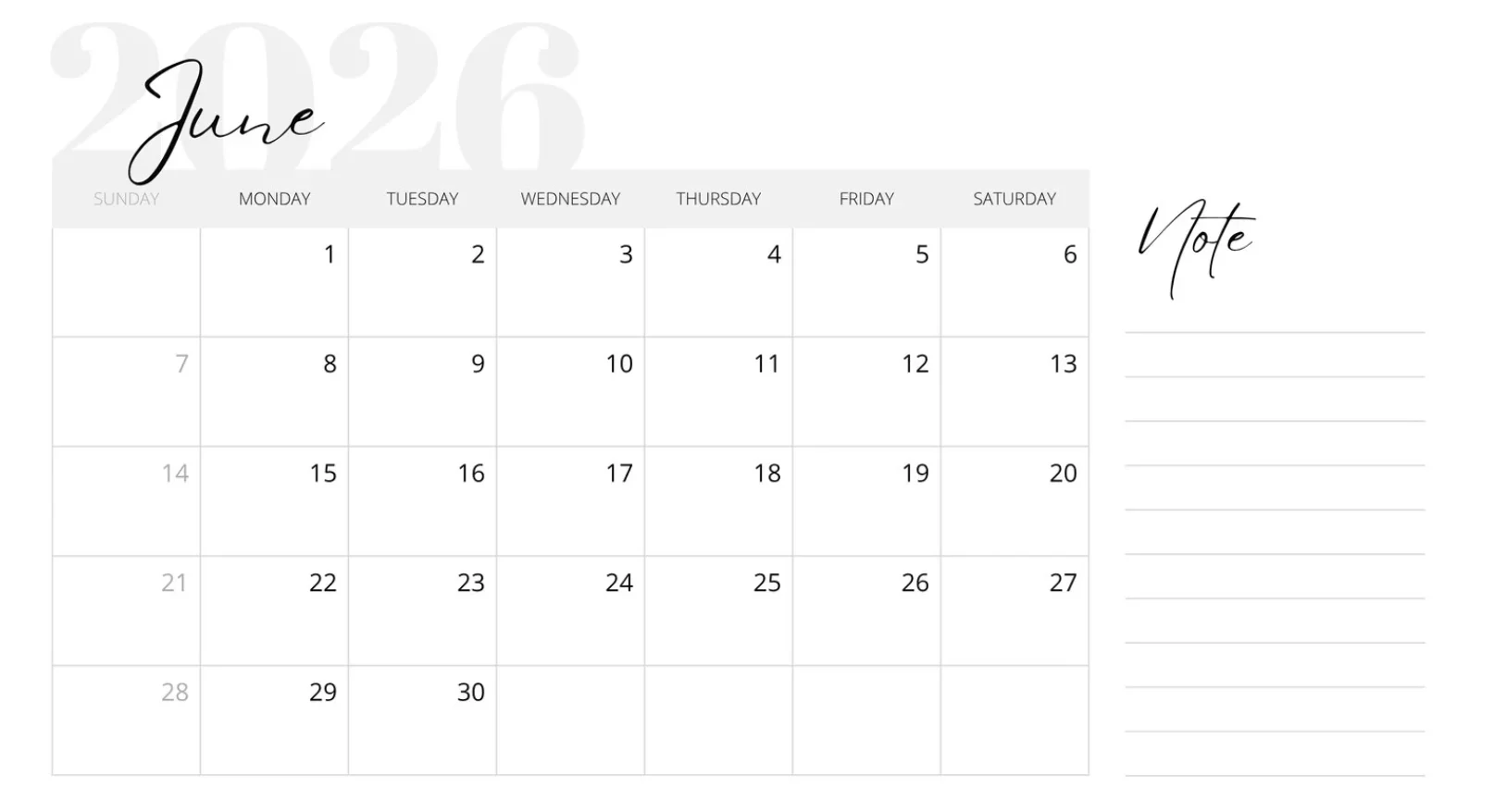 June 2026 calendar printable template for monthly planning