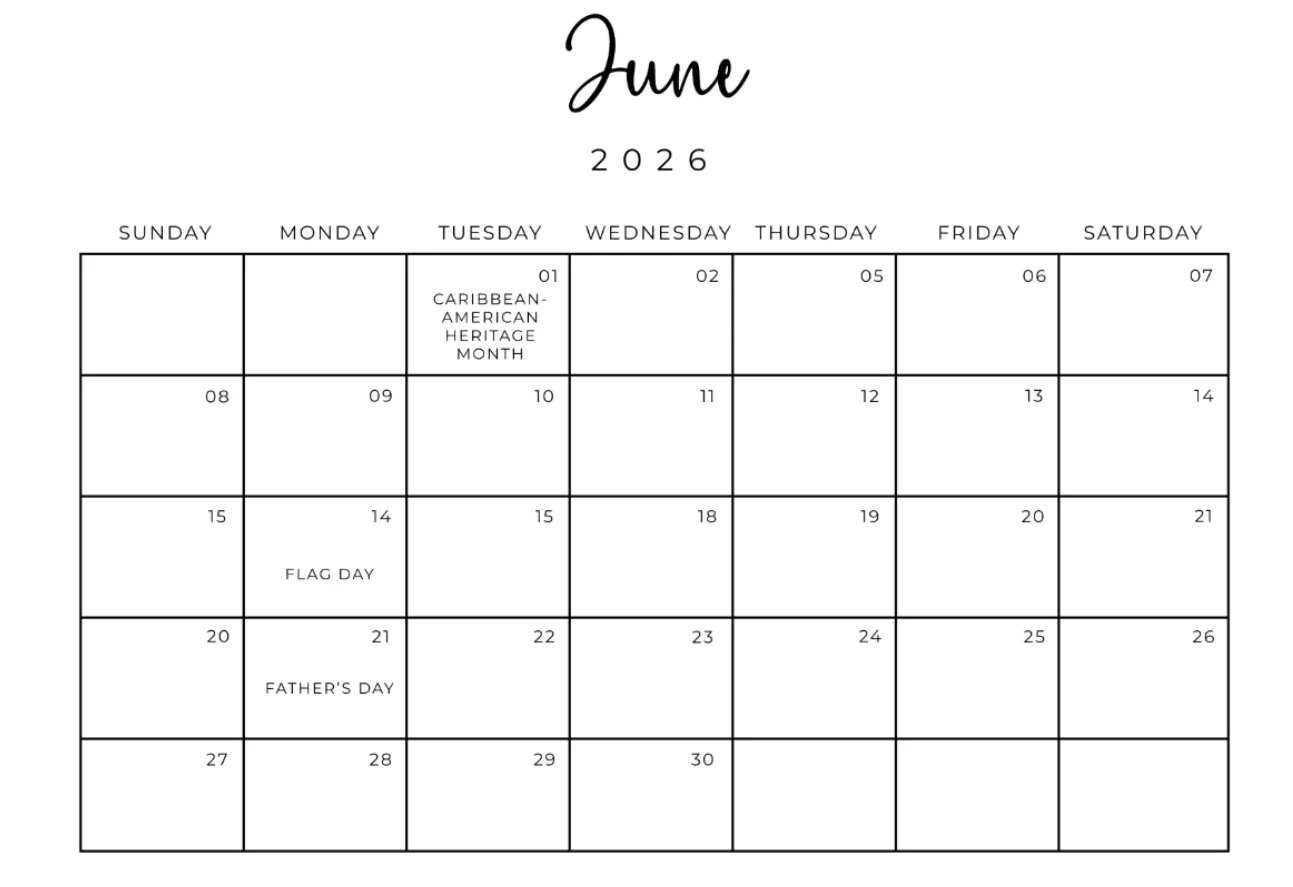Minimalist 2026 calendar printable for June schedule organizer