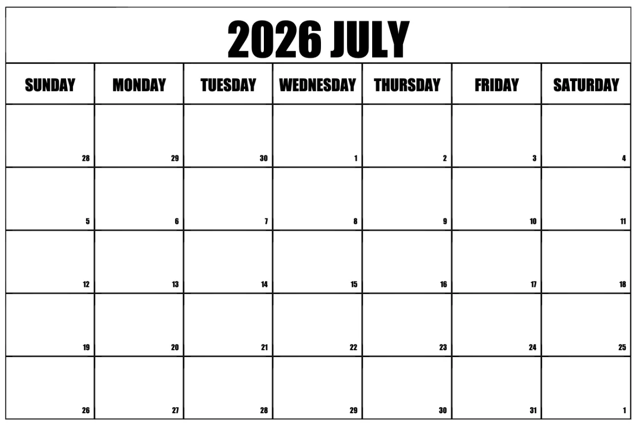 Minimalist calendar printable for July 2026 schedule management