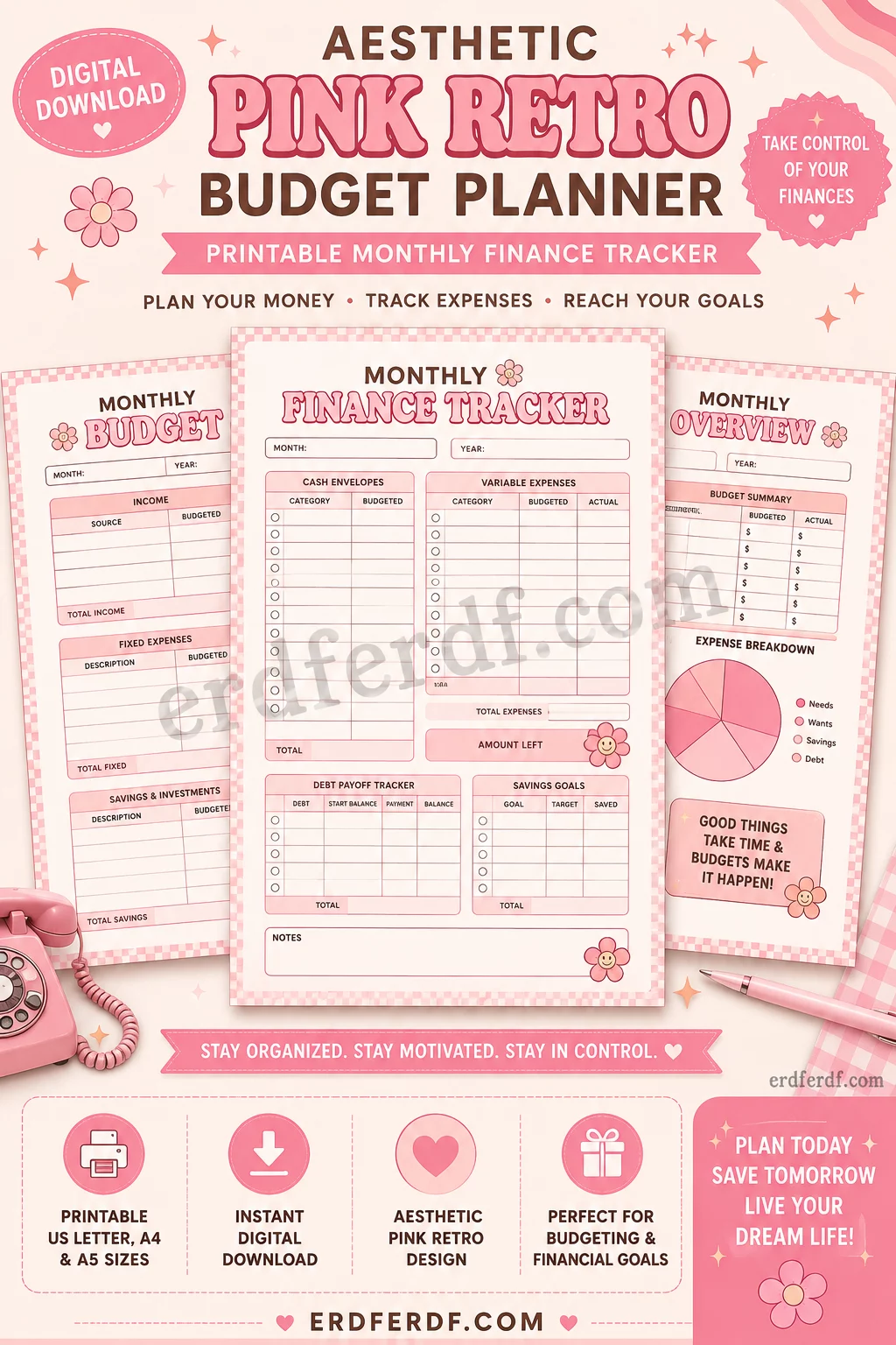 Aesthetic Pink Retro Budget Planner Printable Monthly Finance Tracker Digital Download Budget